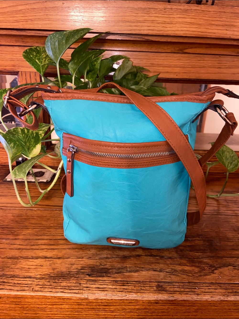 Rosetti Turquoise Crossbody Bag with Brown Trim